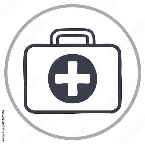 First Aid Kit Illustration with Plus Sign, Medical Care Outline, Round Shape