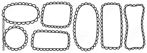 Hand drawn scalloped frame. Wave rectangle and oval geometric shape. Doodle retangle and oval scalloped frames. Vector illustration isolated on white background.