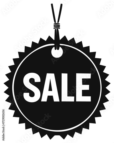 Black and white sale tag vector icon with a starburst edge for retail promotion and shopping discount