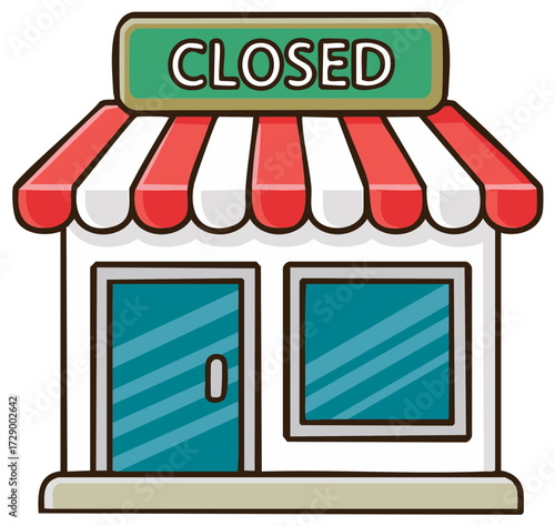 Vibrant cartoon illustration of a small closed shop with a red and white striped awning and a 'CLOSED' sign.