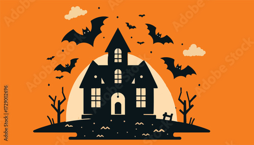 A haunted house silhouette with bats flying around