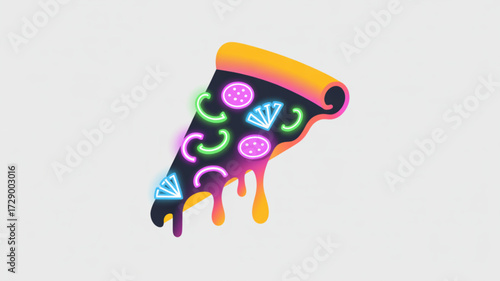 Neon pizza slice vector illustration with pepperoni and diamonds for restaurant and food delivery services