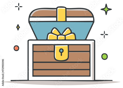 Cartoon wooden treasure chest opened revealing glowing light and festive yellow bow inside