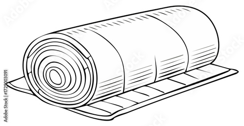 Black and white line art illustration of a rolled up sleeping bag or camping mat for outdoor travel