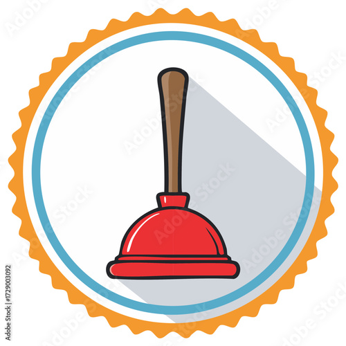 Red plunger illustration within a badge design with a shadow for plumbing or handyman concepts