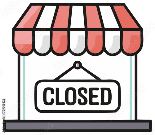 Cartoon shop with Closed sign, store front illustration.