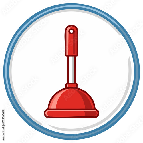 Red Rubber Plunger Icon Bathroom Plumbing Toilet Fixture Tool in Blue Circle Frame