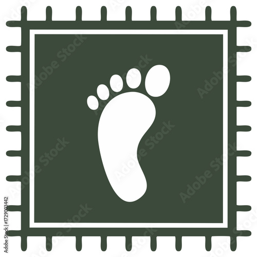 White Bare Footprint Icon Inside A Dark Green Square Border With Teeth