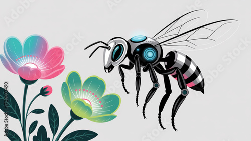 Robotic bee pollinating flowers digital art illustration for technology and nature themed projects design concept