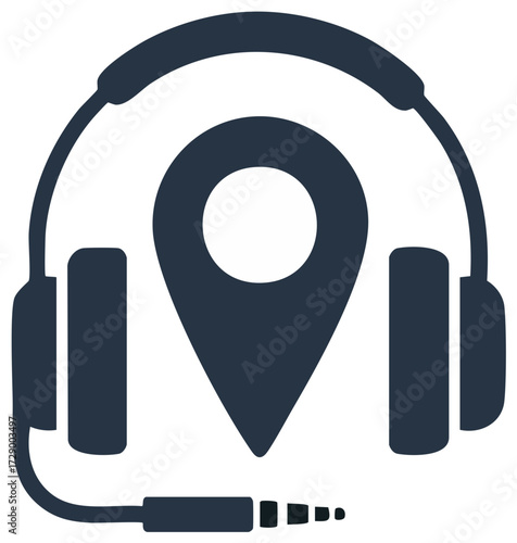 Audio guide icon with headset and location pin for travel and tourism apps
