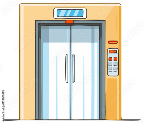 Cartoon Elevator with Closed Doors and Call Buttons in a Light Orange Frame