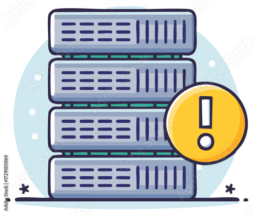 Cartoon Server Stack with Error Warning Symbol, Representing Data Issue