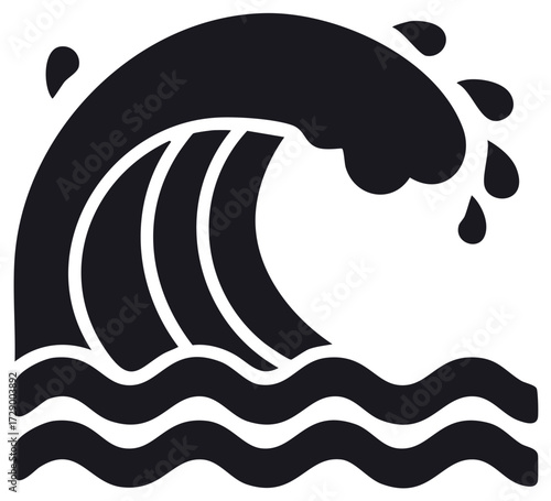 Stylized Black and White Ocean Wave Icon Cresting with Water Splashes