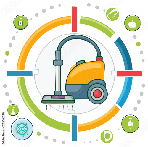Modern vacuum cleaner surrounded by cleaning service icons and hygiene symbols infographic