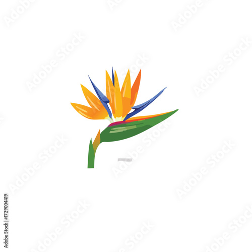 Illustration of a Bird of Paradise flower with vibrant orange, yellow, and blue petals, and a green stem and leaf, isolated on a white background.
