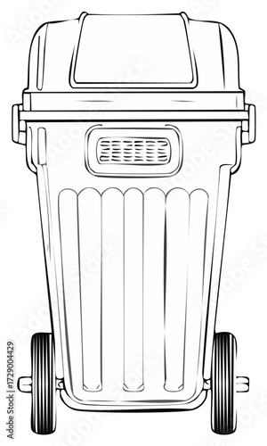 Line Art Illustration of Trash Can With Lid and Wheels Full Shot View