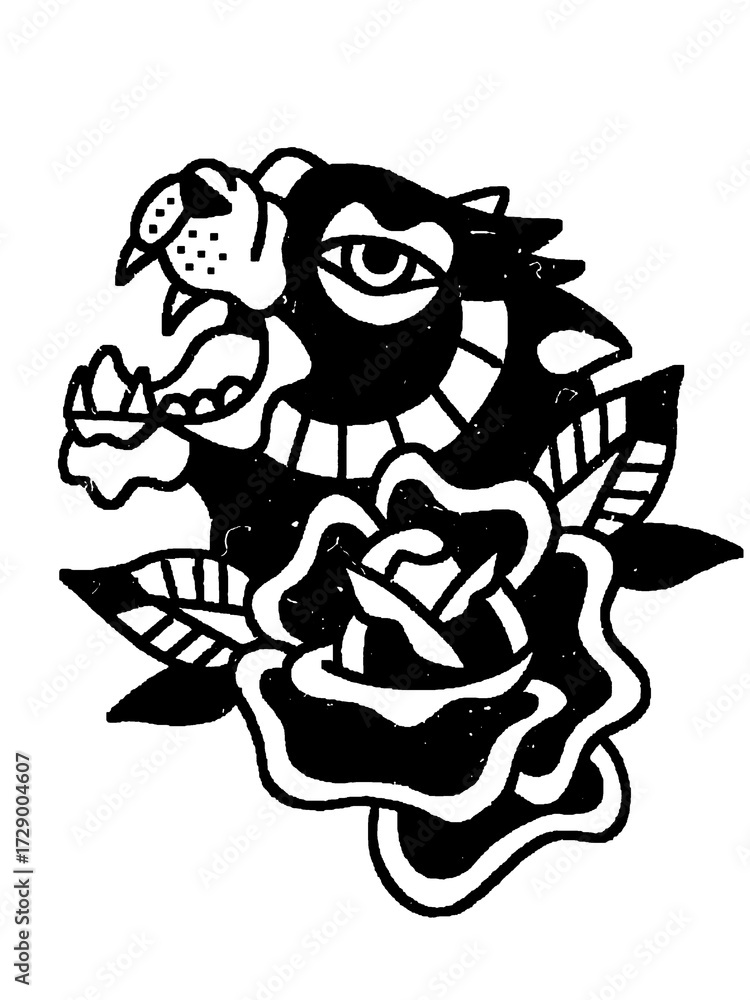 Fototapeta premium Roaring panther head and rose, classic blackwork flash.