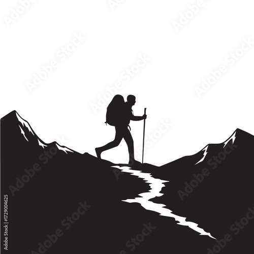 Mountain Hiker Silhouette with Backpack and Trekking Pole on an Uphill Trail
