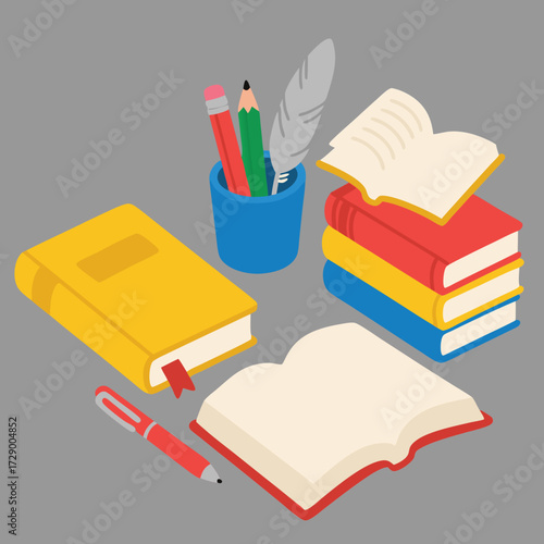 Books and stationery illustration on a gray background.