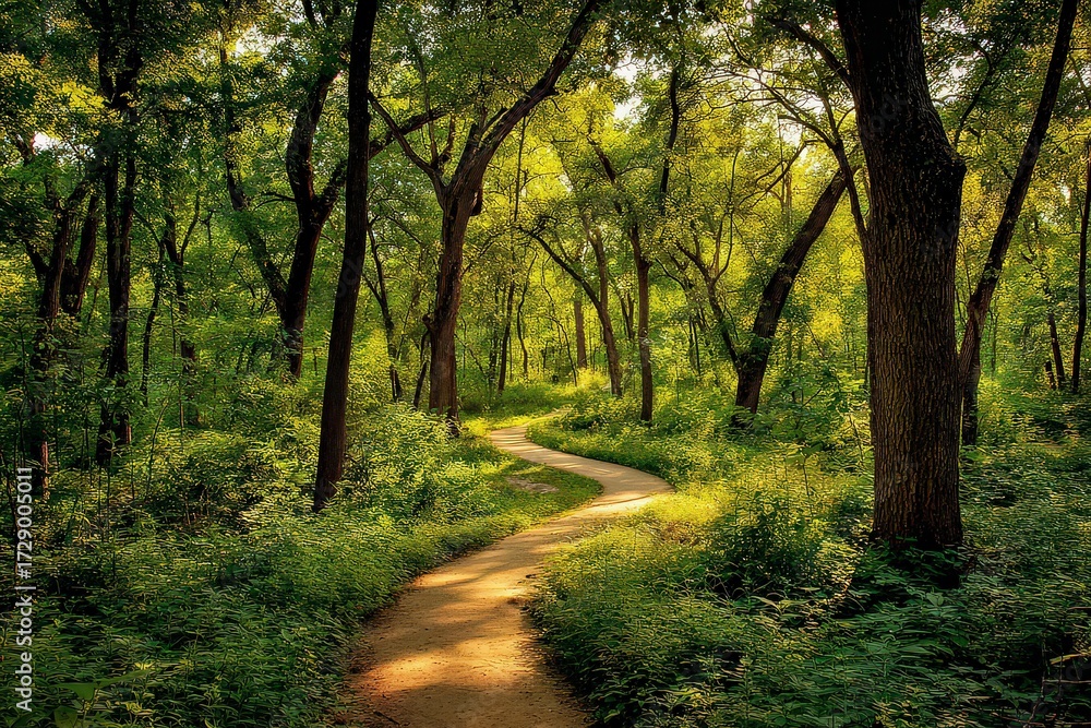 Fototapeta premium Sunlit Forest Path Winding Through Lush Green Trees