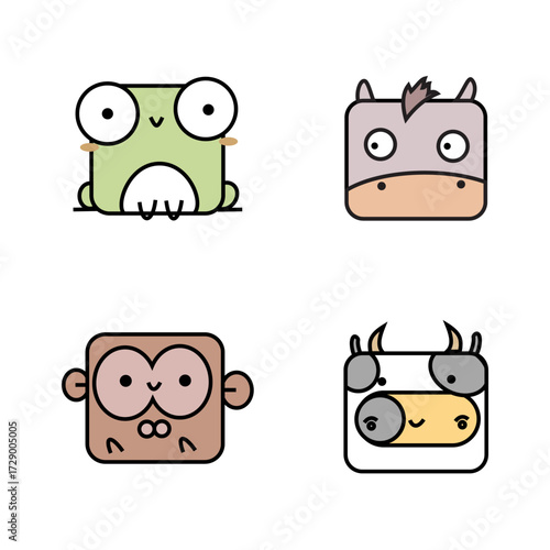 The image shows four cartoon animal icons: a frog, a horse, a monkey, and a cow.