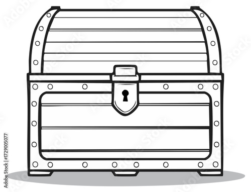 Classic closed treasure chest vector line art illustration with keyhole and metal bands outline drawing