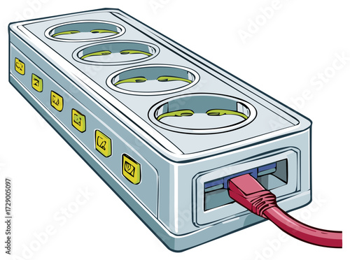 Vector illustration of a smart power strip with multiple electrical outlets and a network port