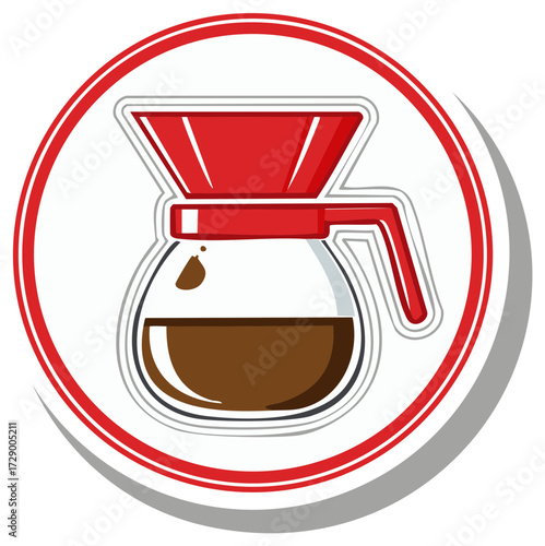 Cartoon sticker icon of a drip coffee maker brewing a fresh beverage in a glass pot