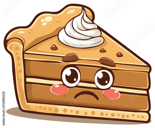 Whimsical sad pumpkin pie slice cartoon with whipped cream topping layered filling and cute blushing face