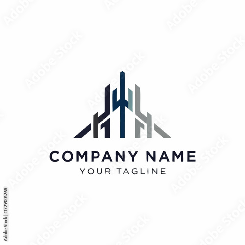 Modern abstract logo design featuring stylized geometric skyscrapers in shades of blue, grey, and black, representing a company's identity.