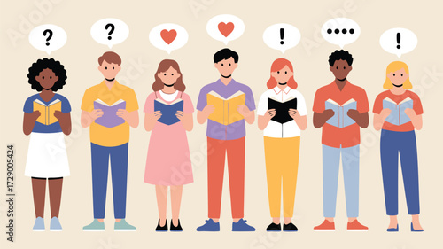 Diverse group of people reading books with thought bubbles above their heads.
