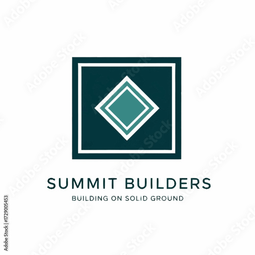 Modern corporate logo for Summit Builders, showcasing a geometric design with teal square and nested diamond shapes, accompanied by the tagline 'Building on Solid Ground'.
