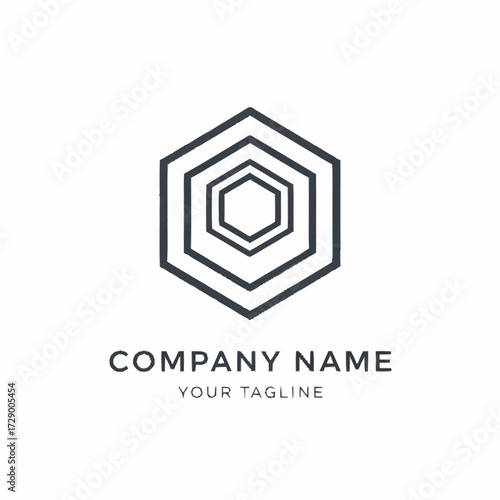 A modern abstract logo design featuring multiple nested dark gray hexagons on a white background, with placeholder text for a company name and tagline.