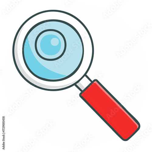 Colorful cartoon magnifying glass icon with a red handle for search and discovery