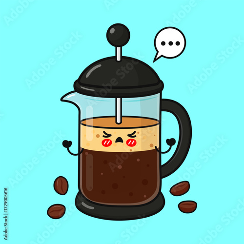 Angry French press coffee character with coffee beans