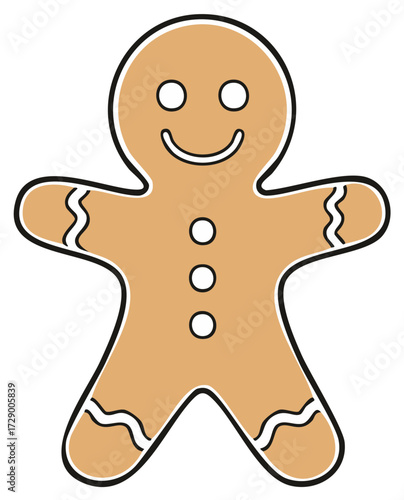 Illustration of a Cartoon Gingerbread Man Cookie with Black Outline and Three Buttons
