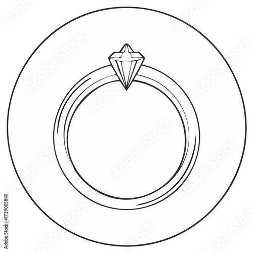 Elegant line art diamond ring icon illustration. Black and white graphic symbol of engagement, wedding, and luxury jewelry.