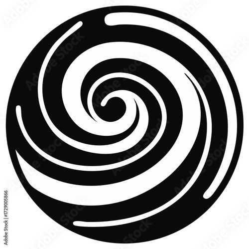 Abstract black and white circular swirl pattern creates a visually dynamic vortex design with smooth flowing curves