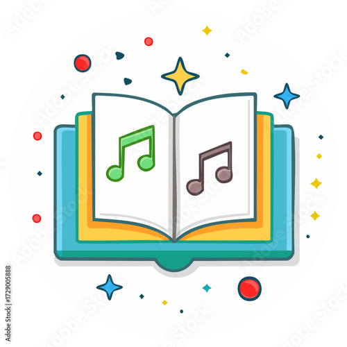 Open Book with Music Notes and Stars Creative Vector Illustration Graphic