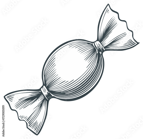 Elegant vintage candy illustration with detailed engraving style and swirling wrapper ends