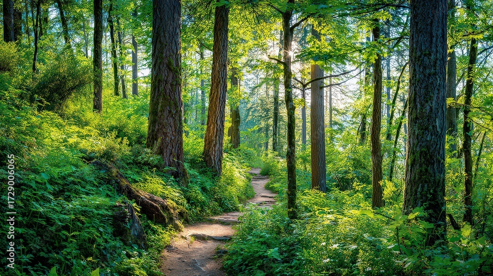 Obraz premium Sunlight Path Through Lush Forest Trail