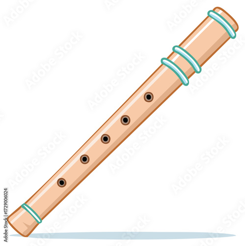 A wooden recorder flute with turquoise bands and visible finger holes is shown diagonally on a white background.