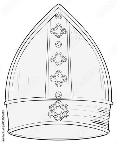 Stylized drawing of a miter hat with ornamental crosses and scrollwork