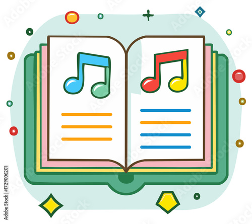 Music lesson book with note symbols and colorful design, education and learning concept