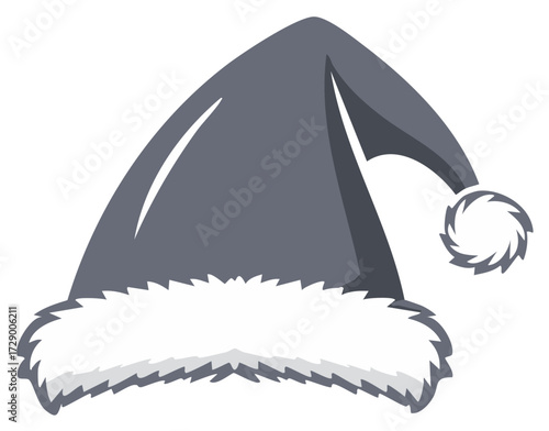 Stylish gray Santa hat with fluffy white trim and pompom for festive winter celebrations, holiday season and winter theme decor