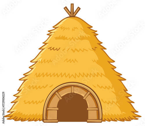 Cartoon Hay Bale Shelter with Archway Entrance, an agricultural and fairytale concept.