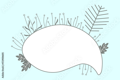 Creative cloud under  text, speech bubble. Rounded white frame, tree, leaves and grass. Late autumn flowers. One icon isolated on  blue background. Flat vector design. Blue and gray color.