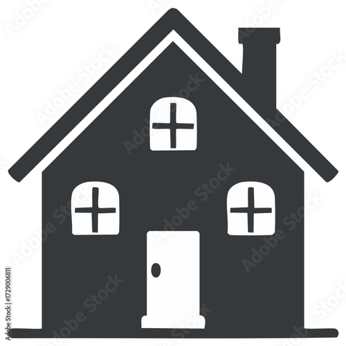 Simple stylized dwelling with windows shaped as crosses and chimney for Adobe stock, graphic illustration