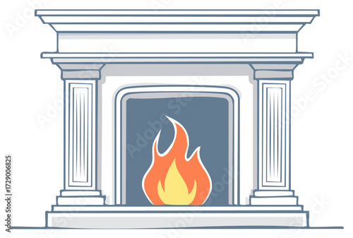 Cartoon illustration of a fireplace with a fire in the center