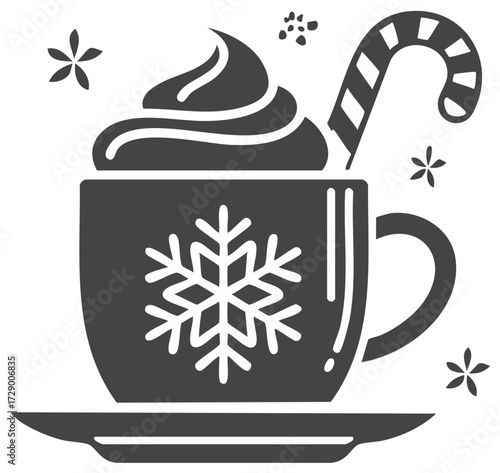 Festive winter beverage with whipped cream and candy cane on a saucer, adorned with snowflake and floral elements in monochrome style